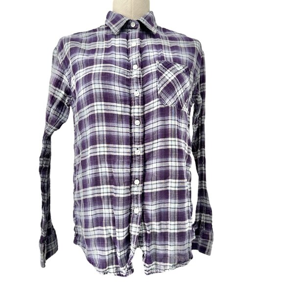 American Eagle Outfitters Boyfriend Shirt Womens S Purple Plaid Button LS - Picture 1 of 8